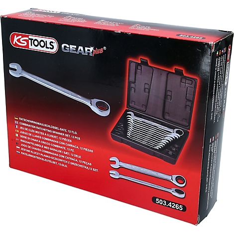 Werkzeugkasten mit Schraubenschlüsseln, in der Verpackung. Aufdruck: KS TOOLS GEARplus, 503.4265.